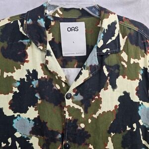 OAS Size L Linen Short Sleeve Button Down Shirt Foliago Cuba Green